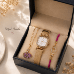 Coffret montre femme blanc et or rose avec collier fleur et bracelet chic dans une boîte cadeau élégante