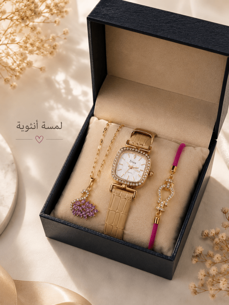 Coffret montre femme blanc et or rose avec collier fleur et bracelet chic dans une boîte cadeau élégante