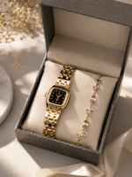 Coffret montre femme dorée luxe avec bracelet élégant – cadeau femme chic et tendance