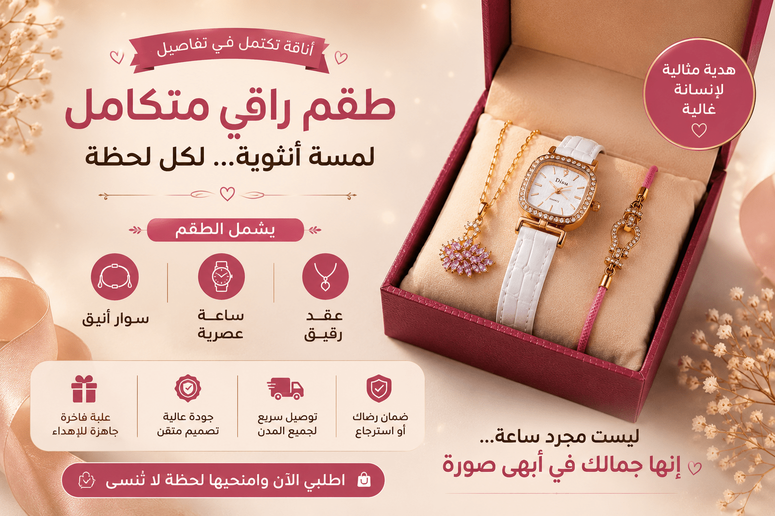 Coffret montre femme blanc rose gold avec bracelet et collier élégant dans une boîte cadeau luxe pour femme au Maroc