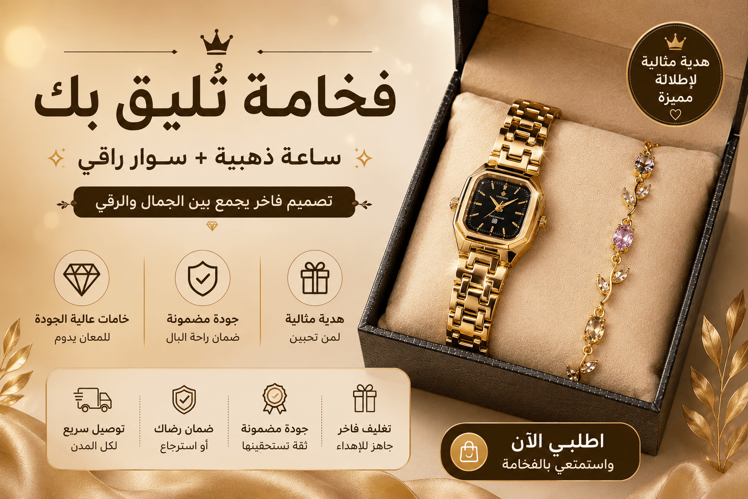Montre femme dorée luxe avec bracelet raffiné dans un coffret élégant noir style premium et féminin
